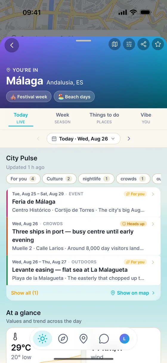 A city screen in the app showing today's City Pulse notes for Málaga.