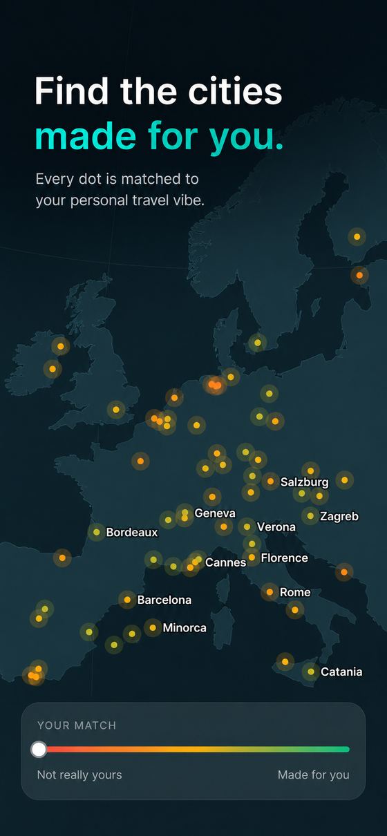 The Vibe of the City app, showing European cities scored against your travel vibe.